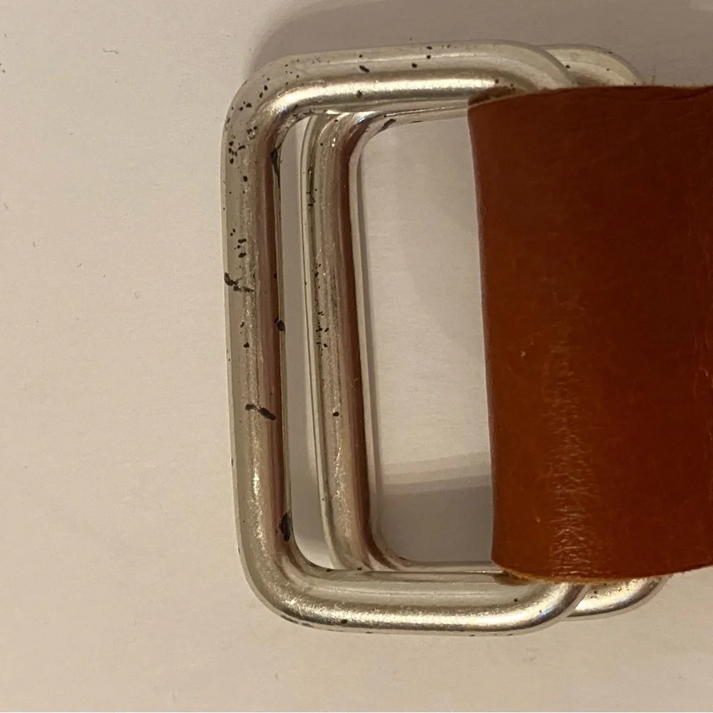 J. McLAUGHLIN BELT GOLF FLAG BLUE WEBBING YELLOW RIBBON BROWN LEATHER SIZE S USA